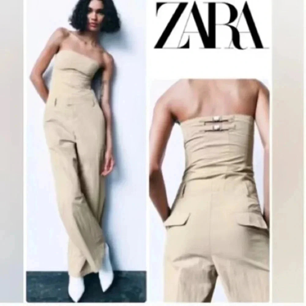 ZARA Khaki Tan Nylon Strapless Wide Leg Utility Jumpsuit Size XS NWOT Romper